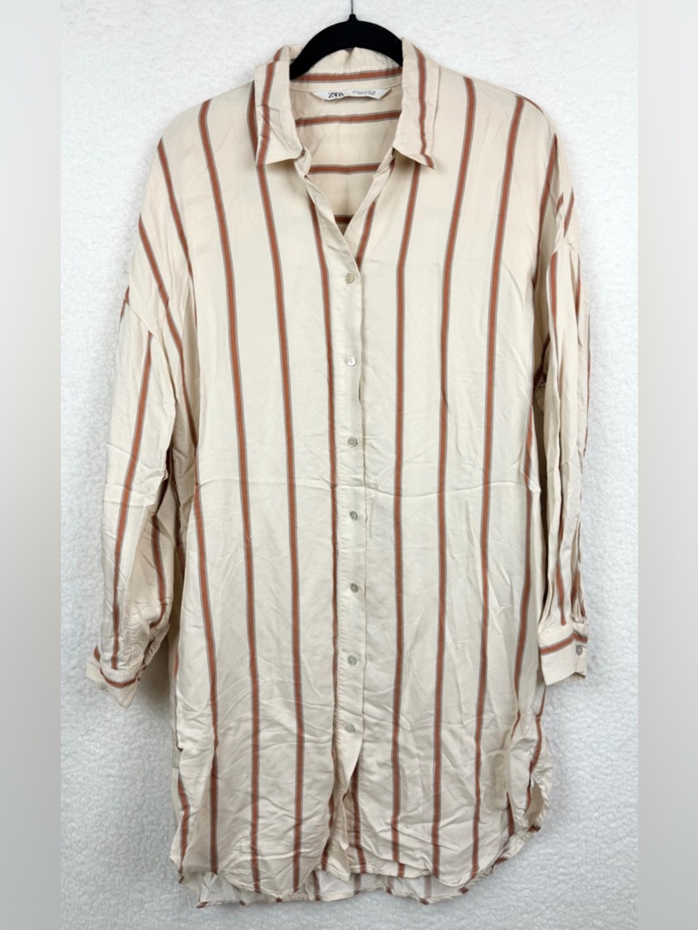 ZARA • Cream/Rust Striped Long Sleeve Button-Down Mini Shirt Dress, S - Picture 10 of 13